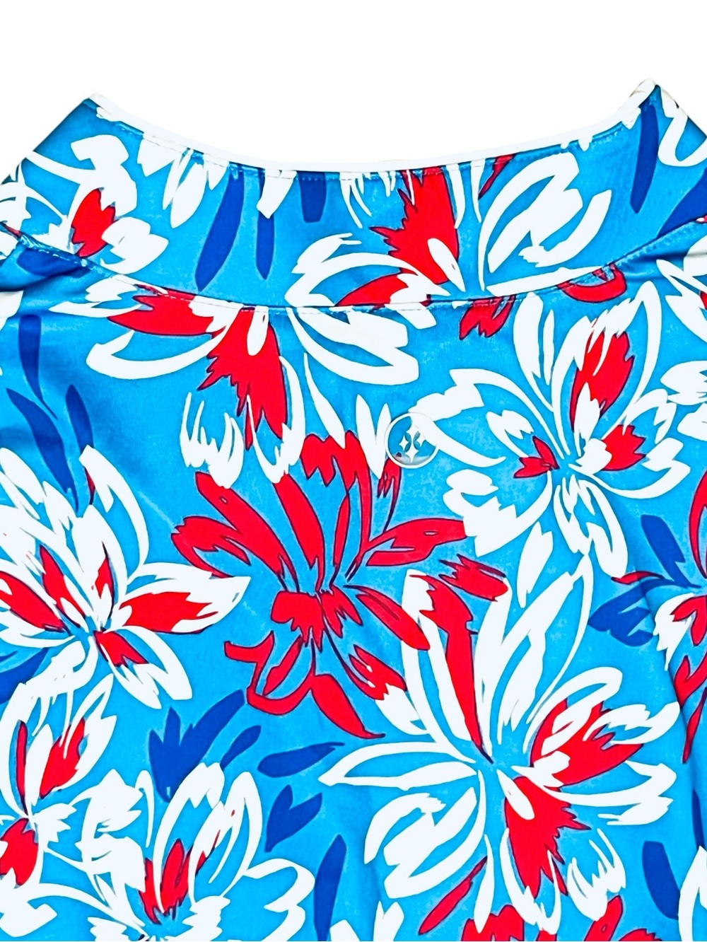 Jofit Top Golf Blue Red Tropical White Floral Mock/Split/Neck Short Sleeve Sz L - Picture 7 of 12